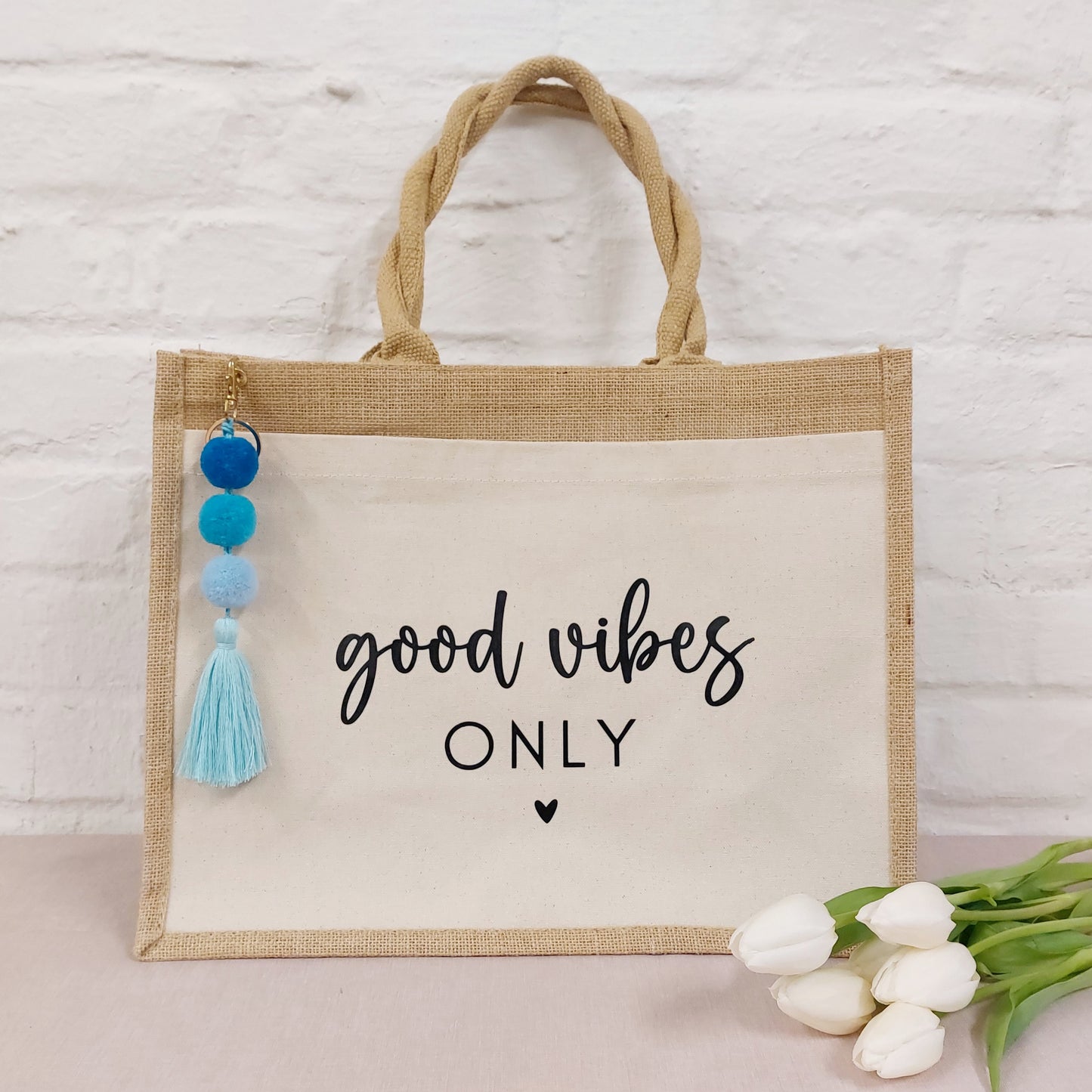 Jute Tasche "good vibes only" mit Anhänger