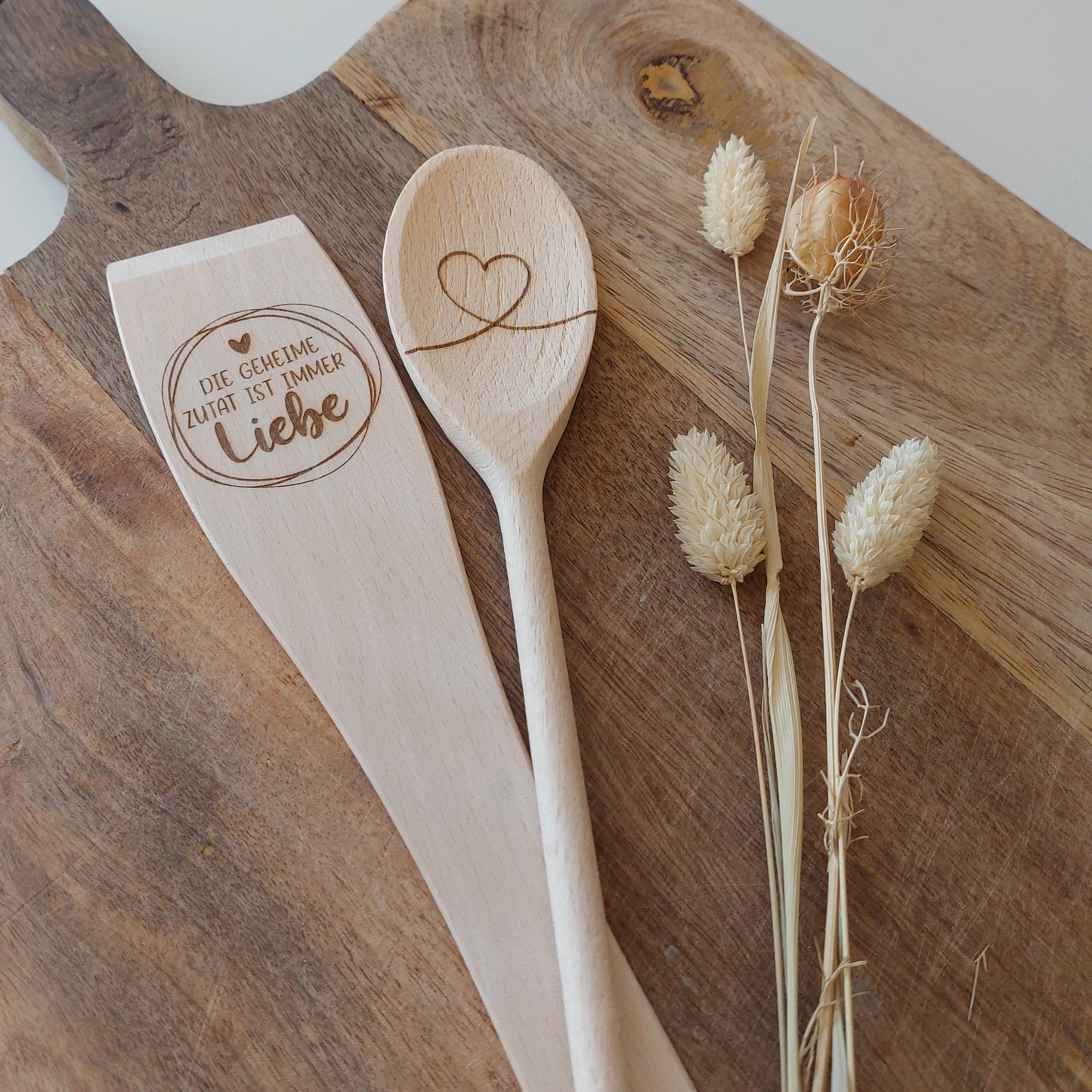 Kochlöffel-Set aus Holz mit Herz & Spruch