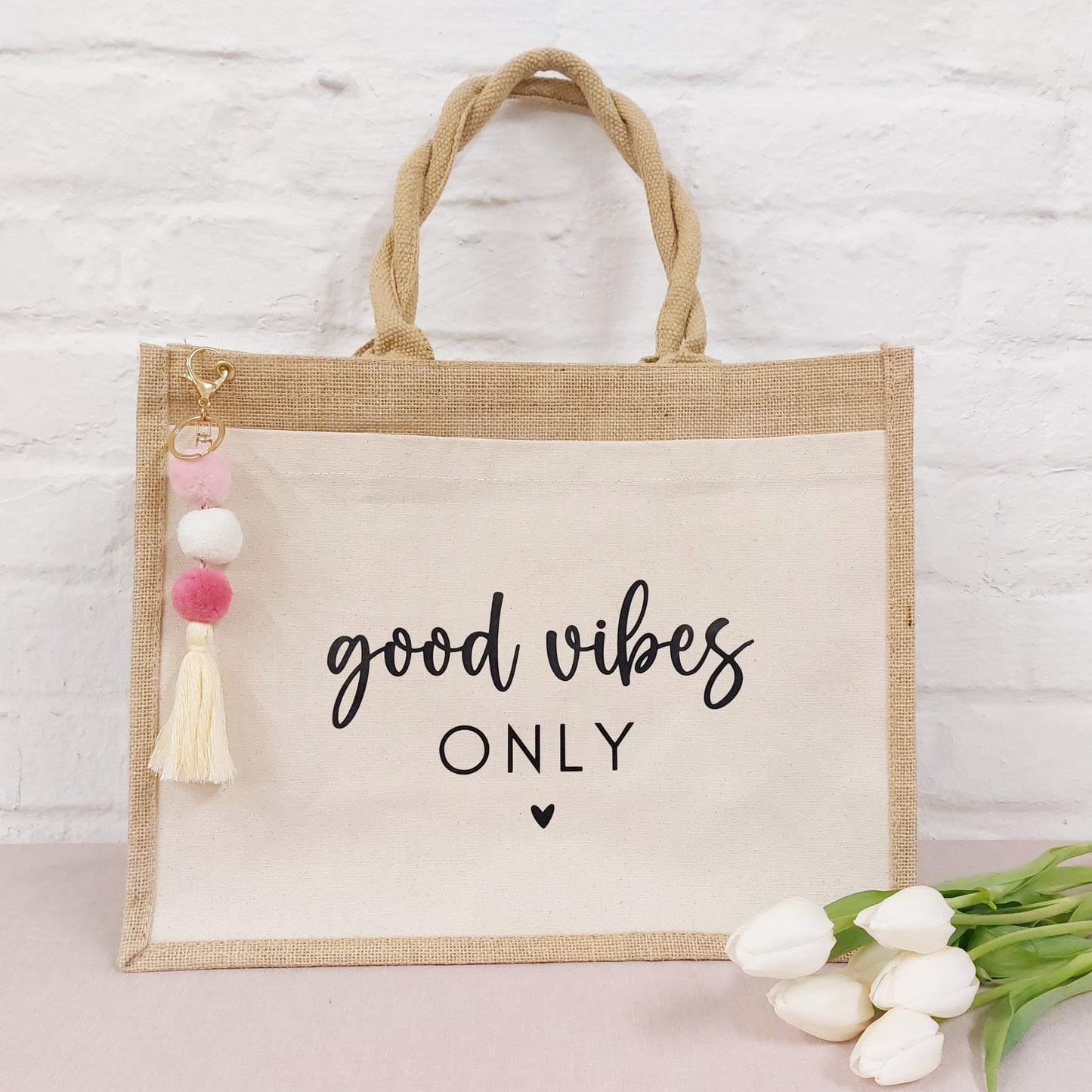 Jute Tasche "good vibes only" mit Anhänger