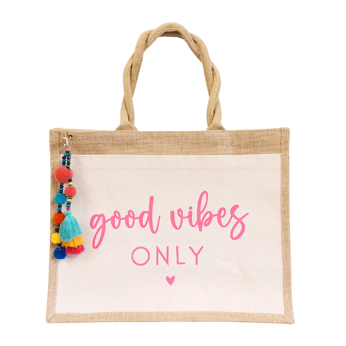 Jute Tasche "good vibes only" - Pink mit Anhänger