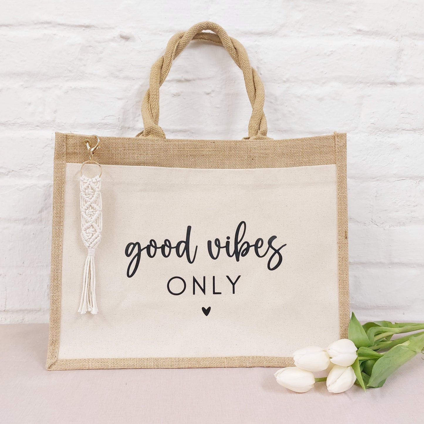 Jute Tasche "good vibes only" mit Anhänger