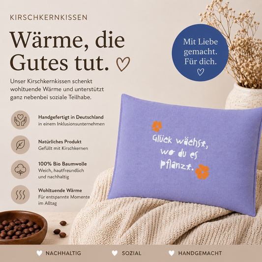 Natürliches Kirschkernkissen "Glück wächst" 100% Bio-Baumwolle