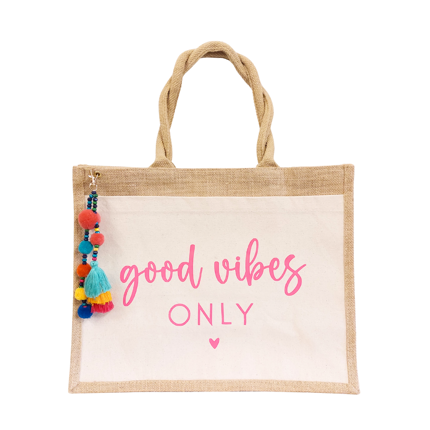 Jute Tasche "good vibes only" - Pink mit Anhänger