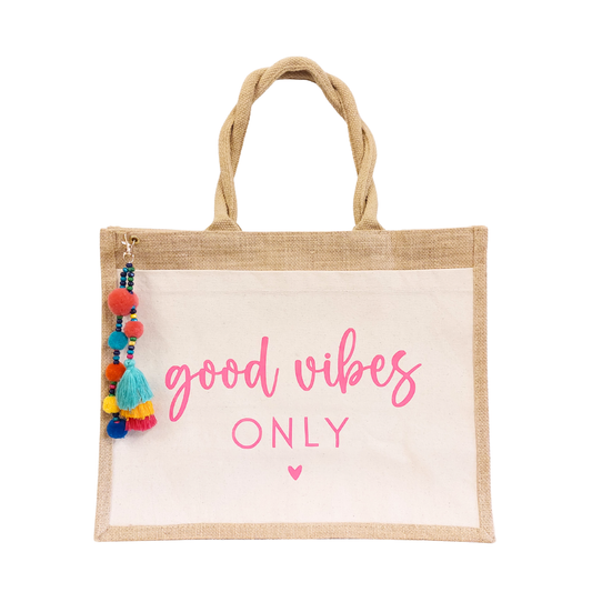 Jute Tasche "good vibes only" - Pink mit Anhänger