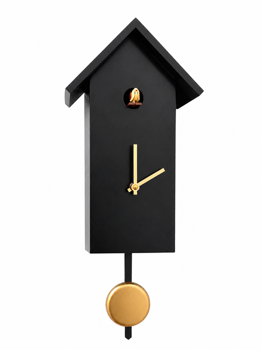 Moderne Kuckucksuhr in Schwarz und Gold von MyKuckoo, handgefertigt in Deutschland. 