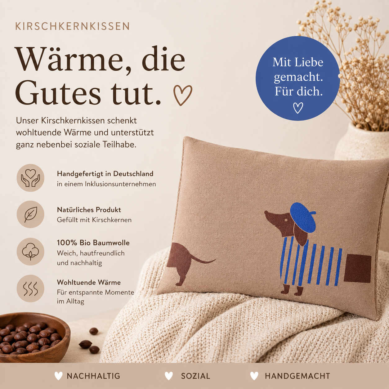 Natürliches Kirschkernkissen "Dackel Udo" 100% Bio-Baumwolle