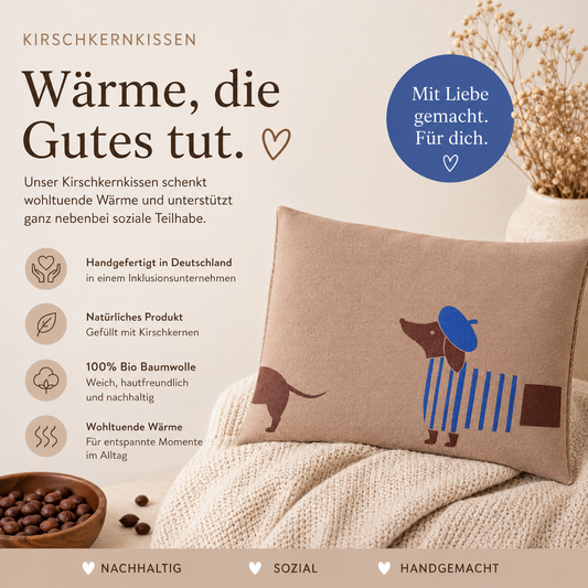 Natürliches Kirschkernkissen "Dackel Udo" 100% Bio-Baumwolle