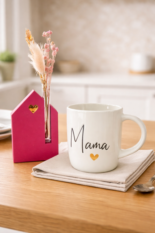 Geschenkset „Mama“ – Tasse & Vase mit Trockenblumen (Pink)