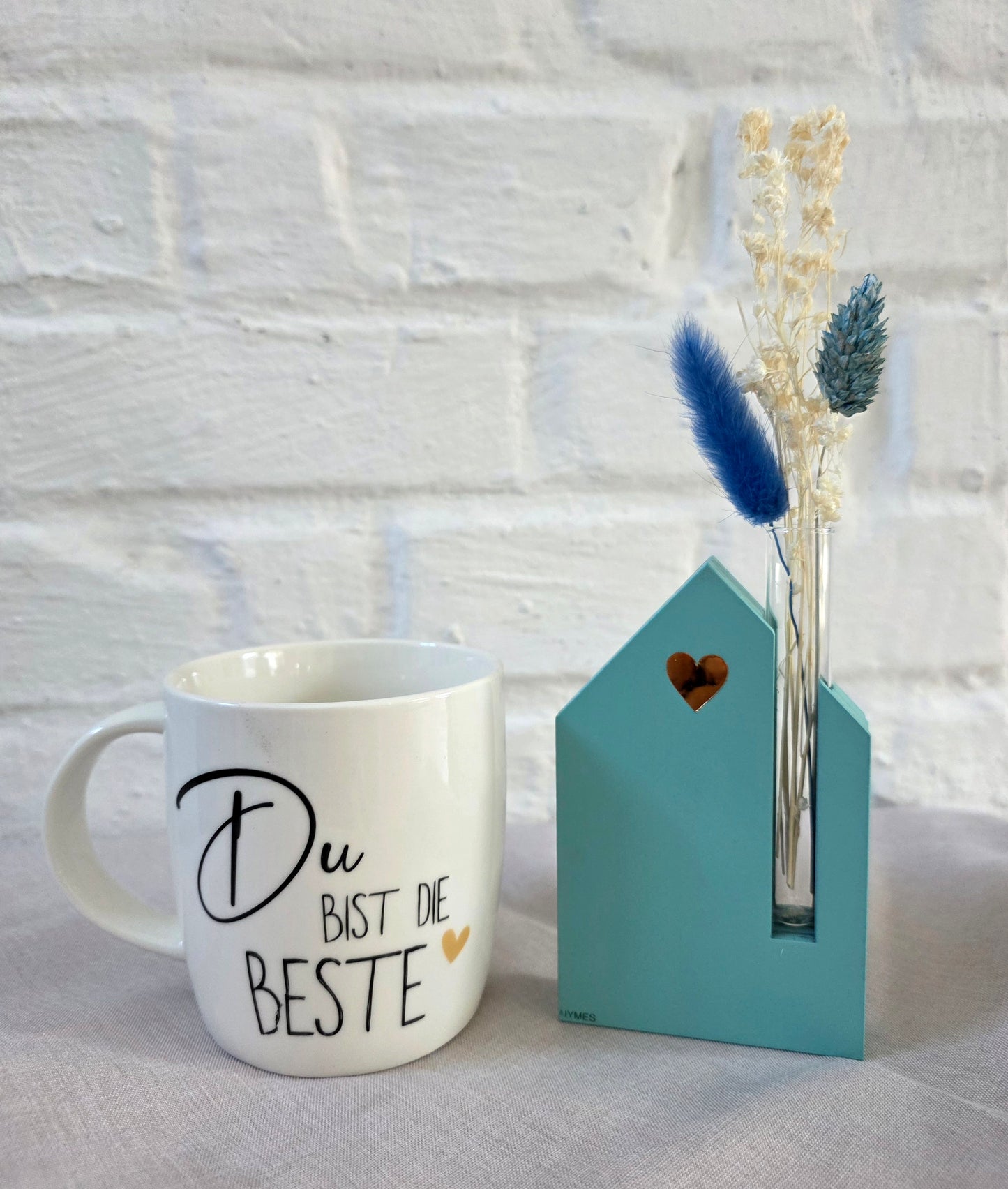 Geschenkset „Mama“ – Tasse & Vase mit Trockenblumen (Türkis)
