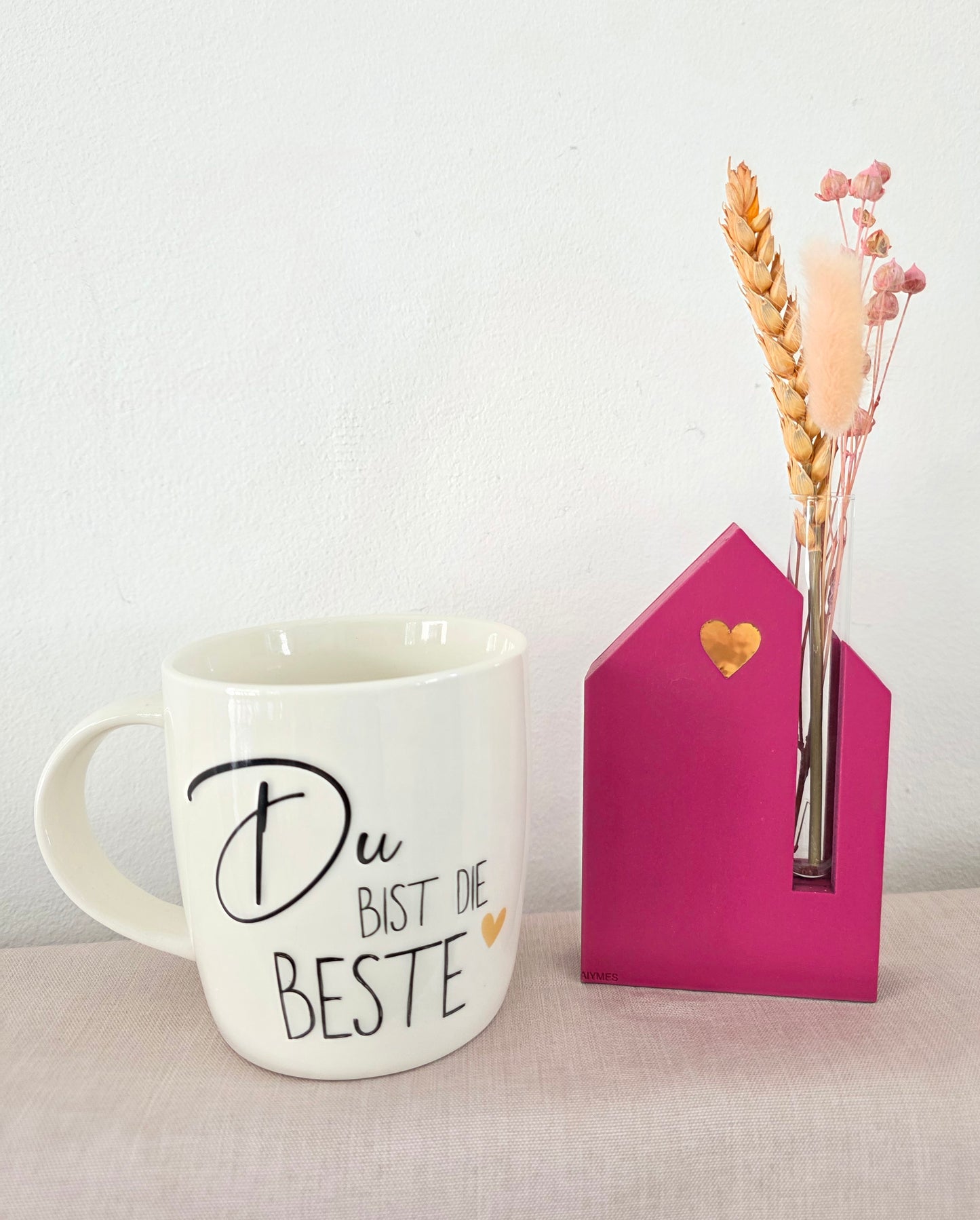 Geschenkset „Mama“ – Tasse & Vase mit Trockenblumen (Pink)