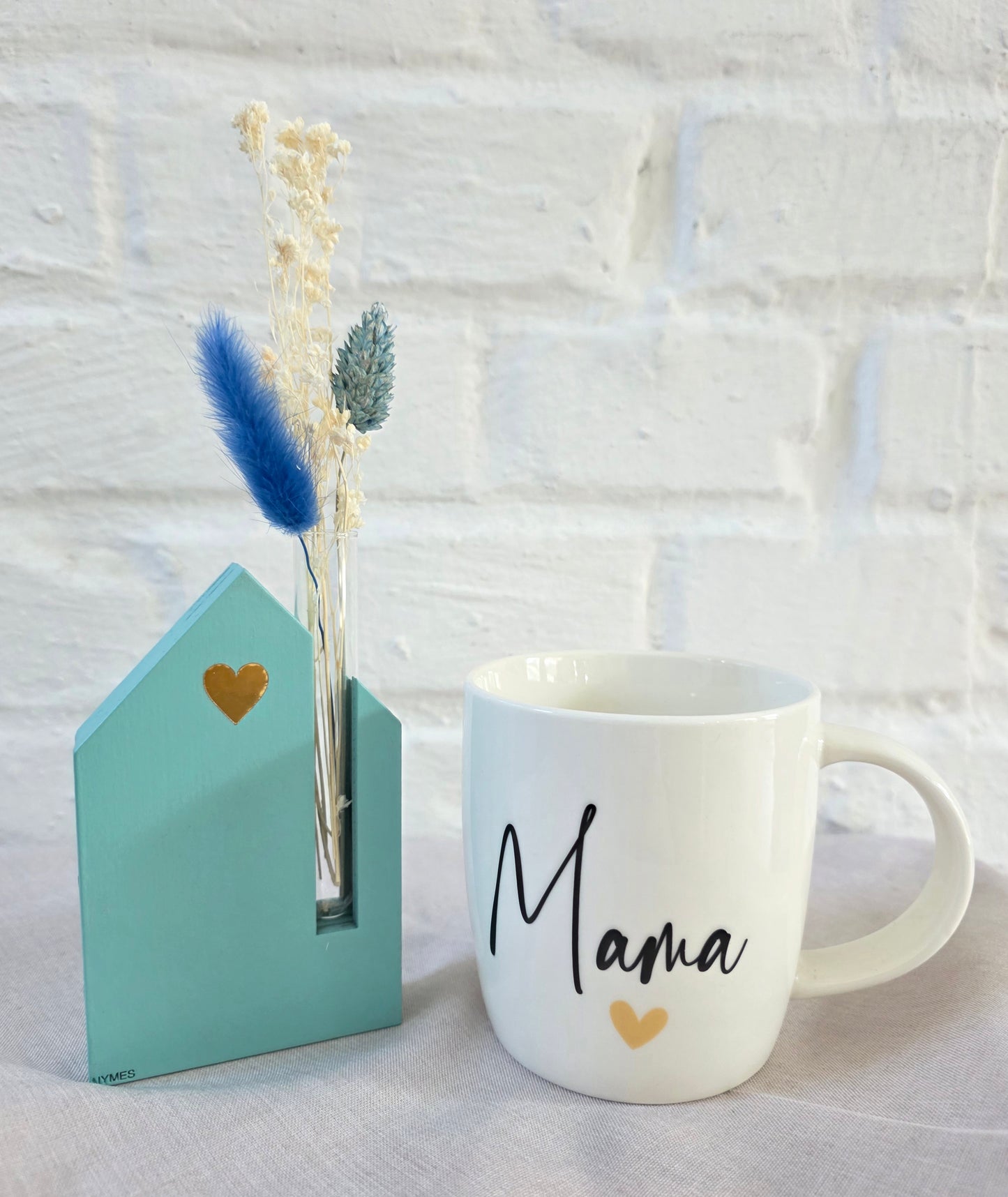 Geschenkset „Mama“ – Tasse & Vase mit Trockenblumen (Türkis)