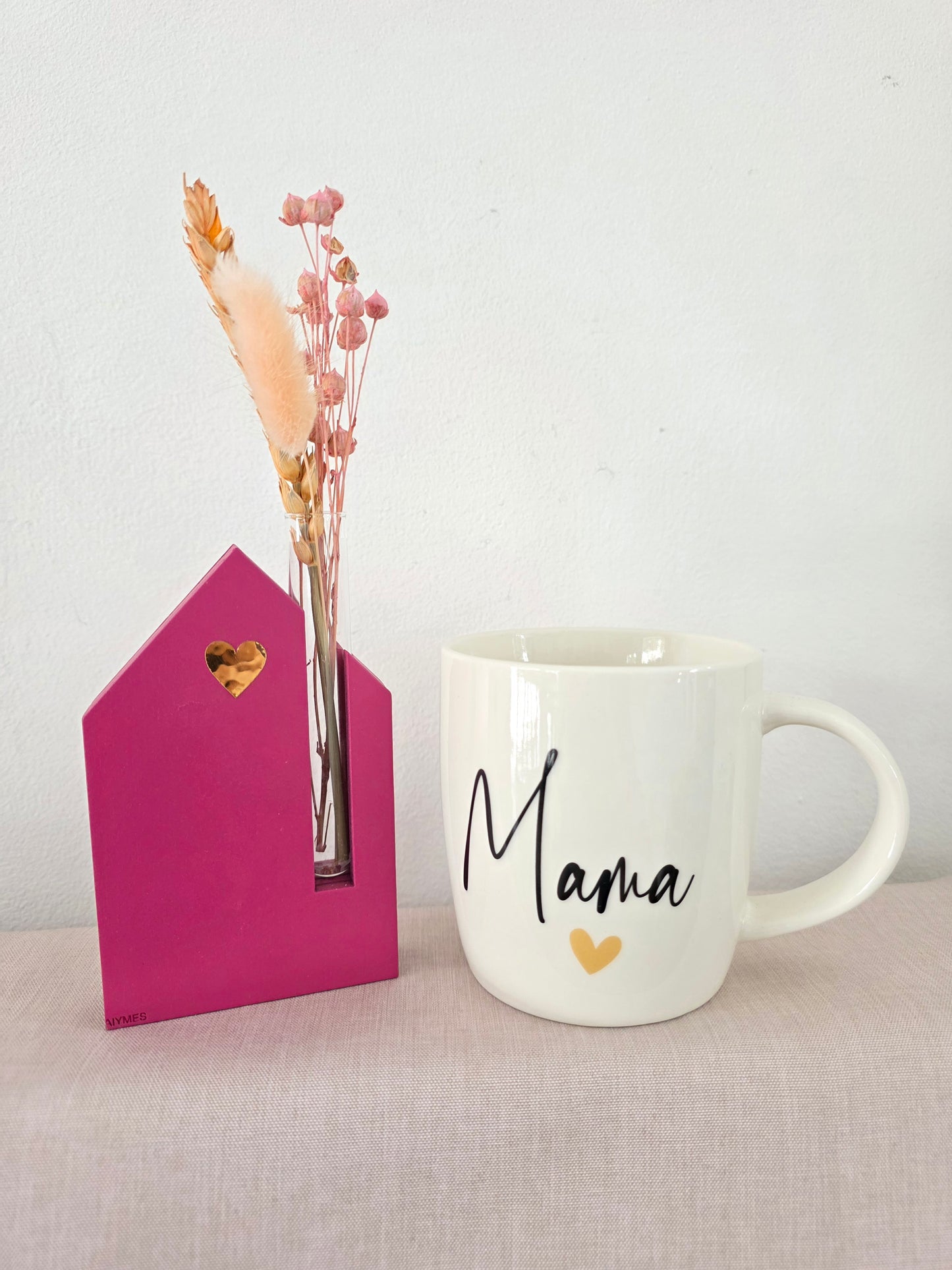 Geschenkset „Mama“ – Tasse & Vase mit Trockenblumen (Pink)