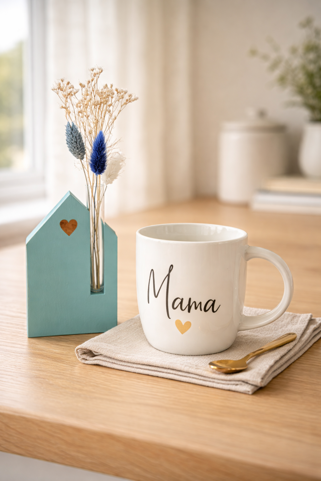 Geschenkset „Mama“ – Tasse & Vase mit Trockenblumen (Türkis)