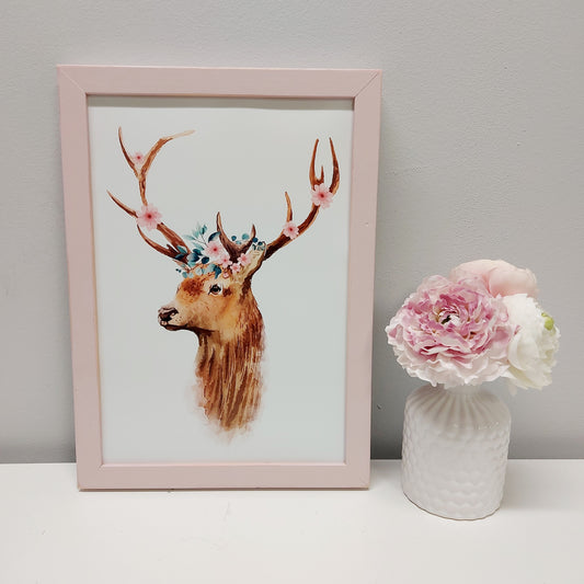 Print - Hirsch mit Blumen No 1 "Rosa" (ohne oder mit Rahmen)